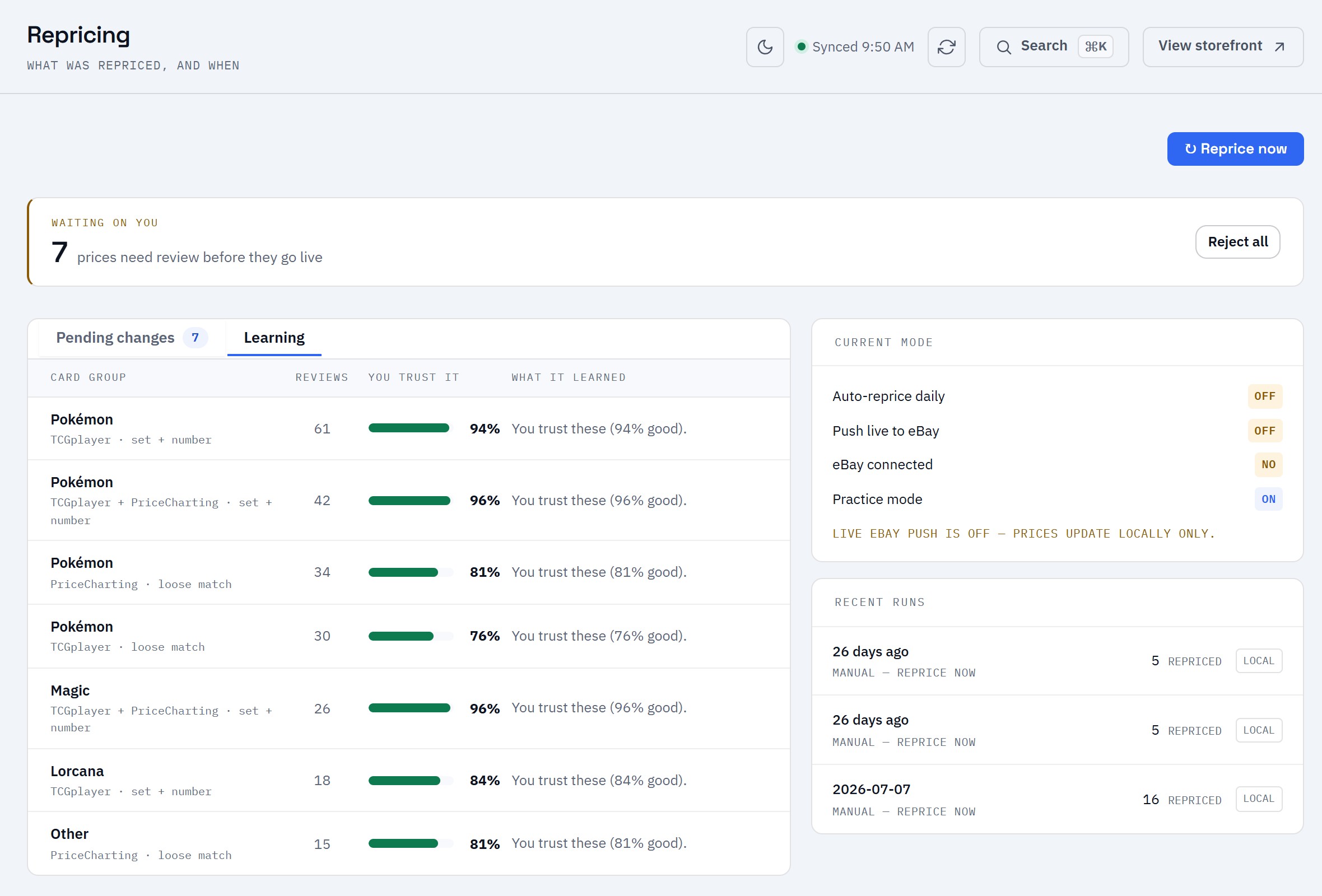 The repricer's Learning tab: how much you trust each kind of price match, built from your own accept and reject decisions.