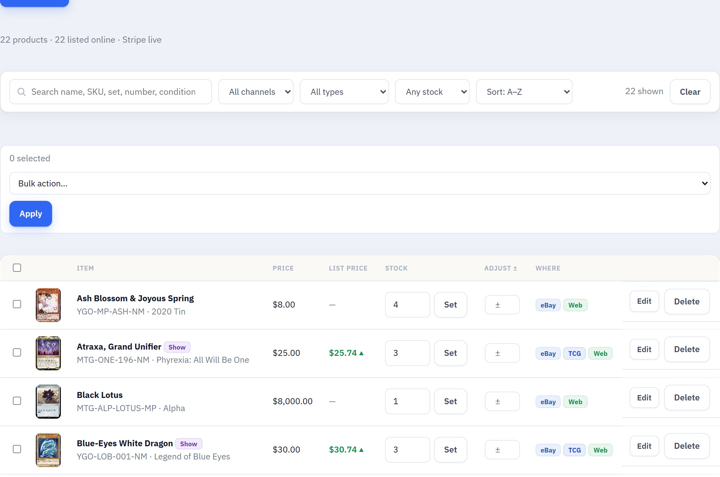 The Lockstock inventory table with card photos, prices, stock levels and per-channel listing tags.