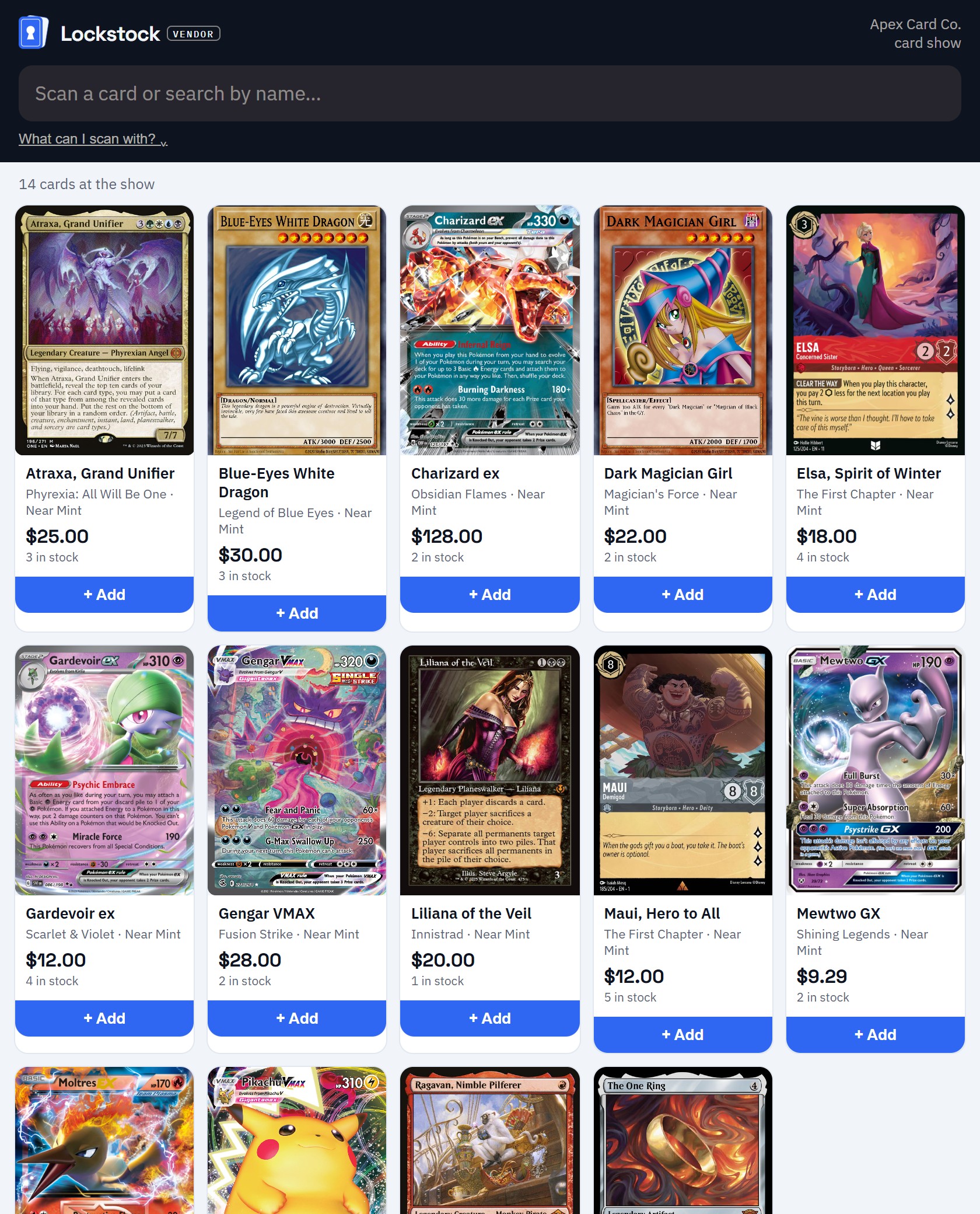 The Lockstock Vendor register: a grid of real cards with photos, prices and Add buttons for selling at a card show.